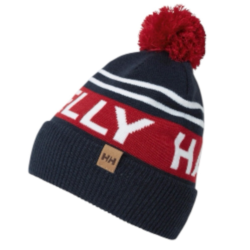 HELLY HANSEN Ridgeline Beanie Toque Hat Navy Blue Red Logo Pompom Stripes Unisex